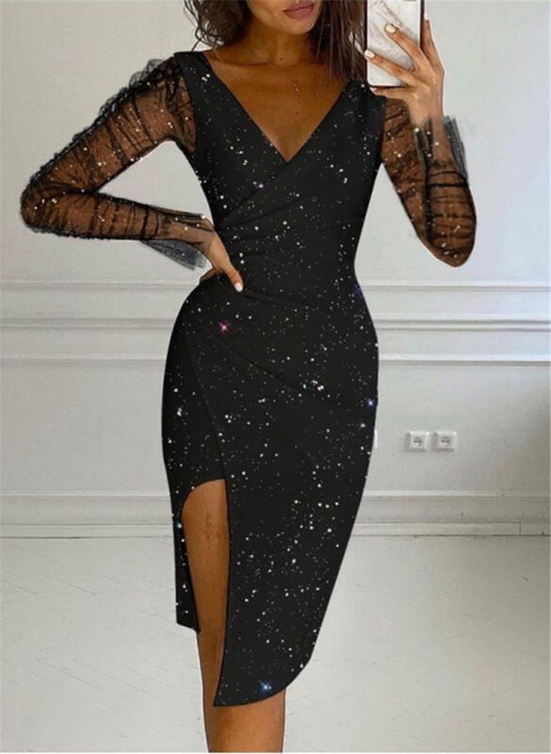 Women Elegant V Neck Bodycon Dress with Sheer Long Sleeves Ivyshape