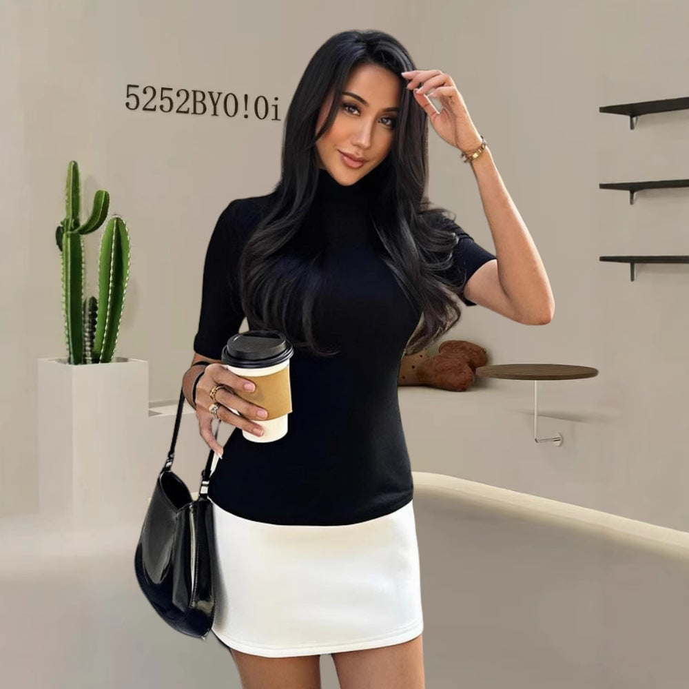 Women Elegant Top with High Collar and Short Sleeves Ivyshape