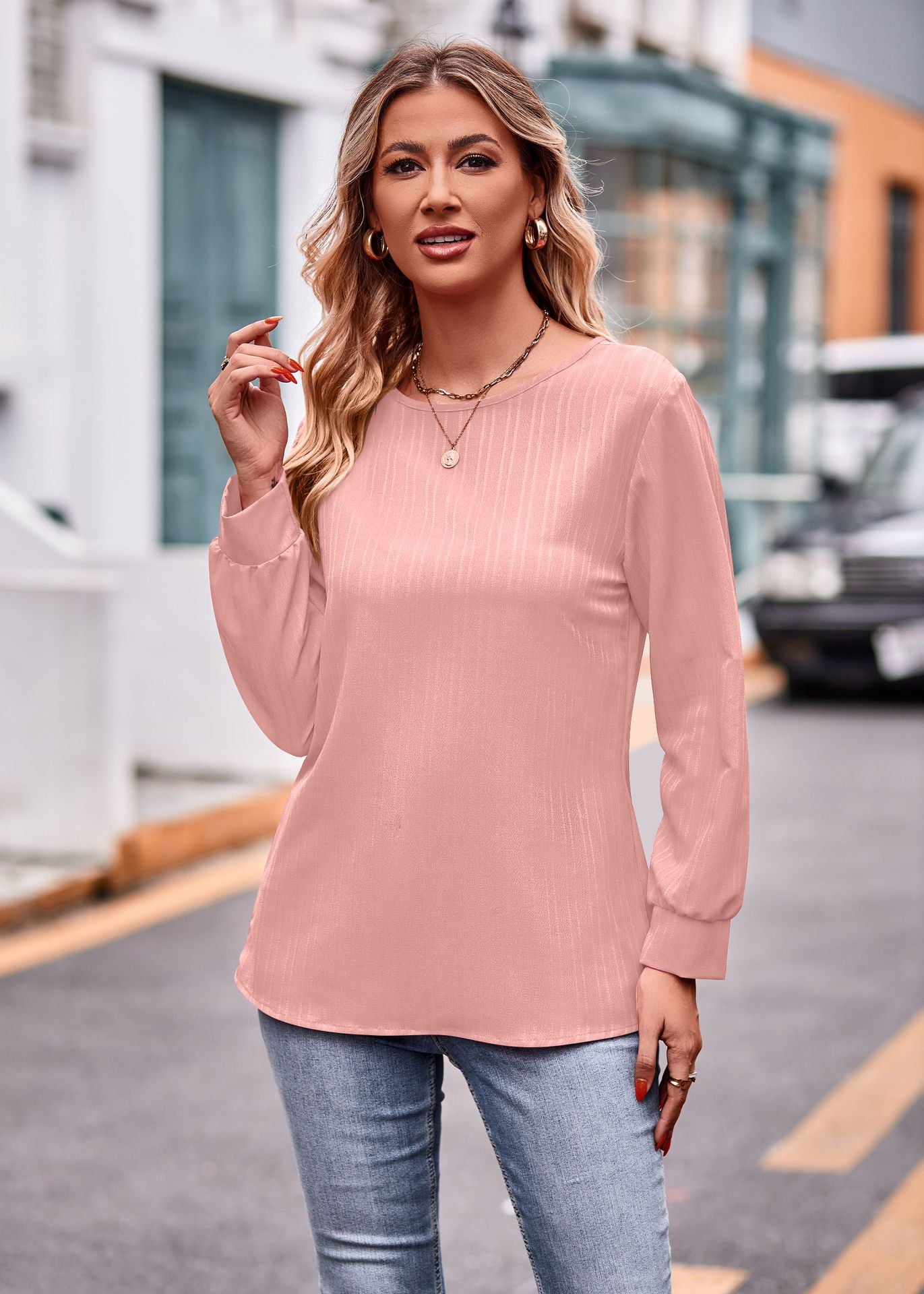 IvyShape | Solid Color Double Line Jacquard Long Sleeve Tee Top