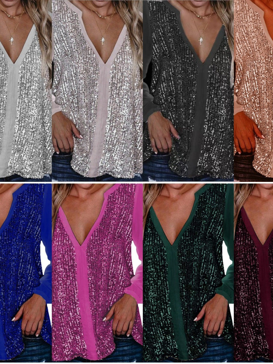 Ladies' fashionable, glamorous top with V-neck and glitter details Ivyshape