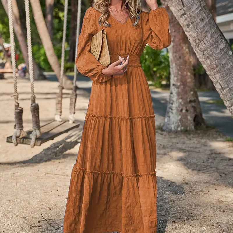 Women's maxi dress with swinging ruffle and smock-like waistband Ivyshape