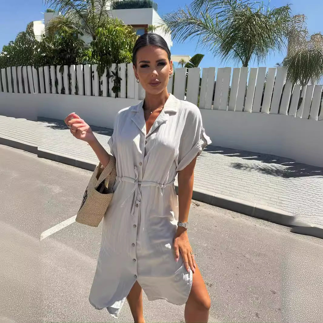 Women's midi dress with waist pull and short sleeves Ivyshape