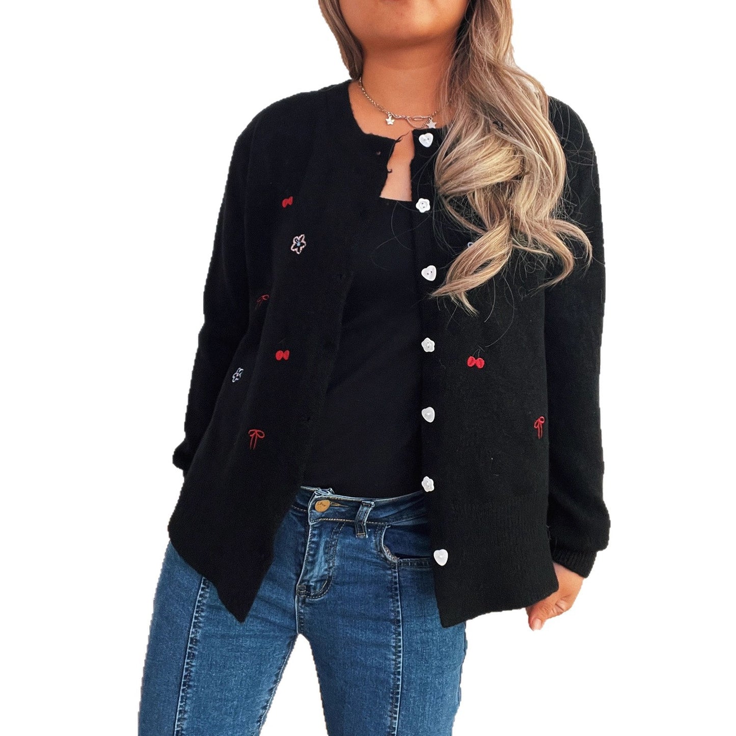 Women's cardigan with loving flower and cherry design Ivyshape