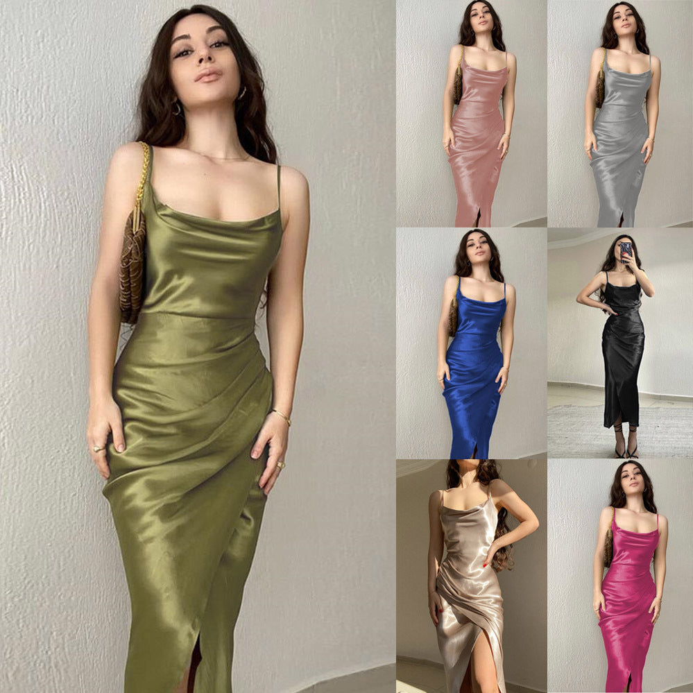Women's elegant satin dress with asymmetric slit and draped details Ivyshape