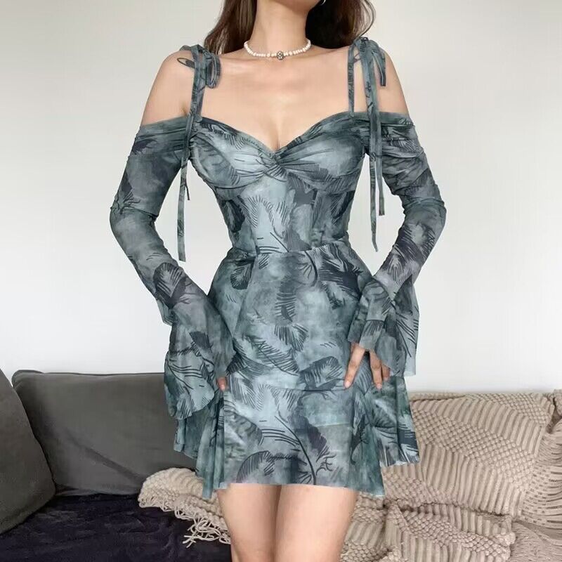 Women's Off-Shoulder Bell Sleeve Mini Dress Ivyshape