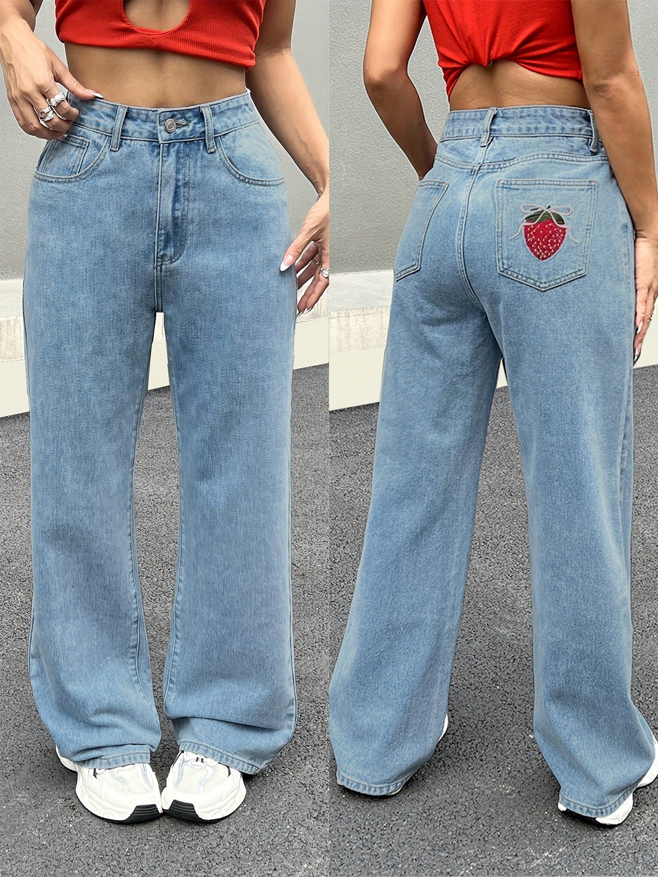 Women's wide jeans with embroidered strawberry motif and high waistband Ivyshape