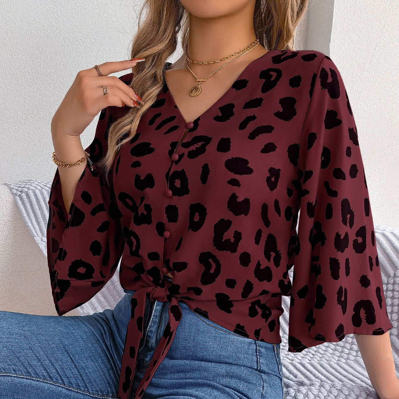 IvyShape | Leopard Print Tied Chiffon Shirt Top