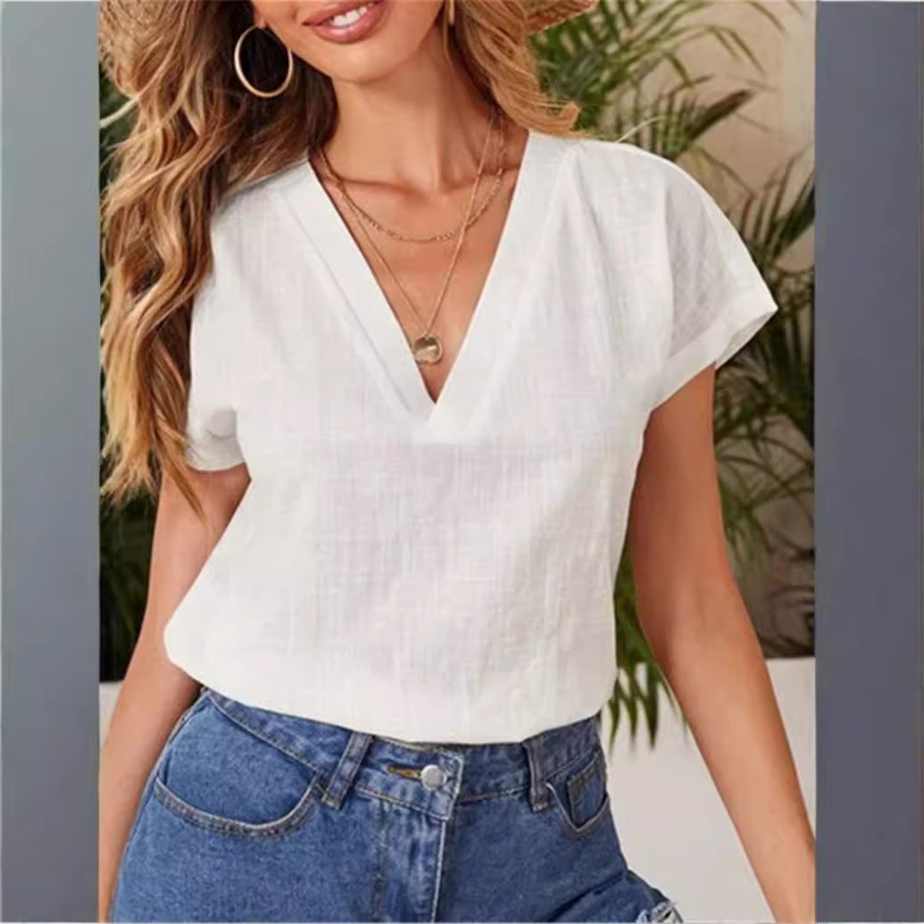 Women loose V-neck summer top with short sleeves Ivyshape