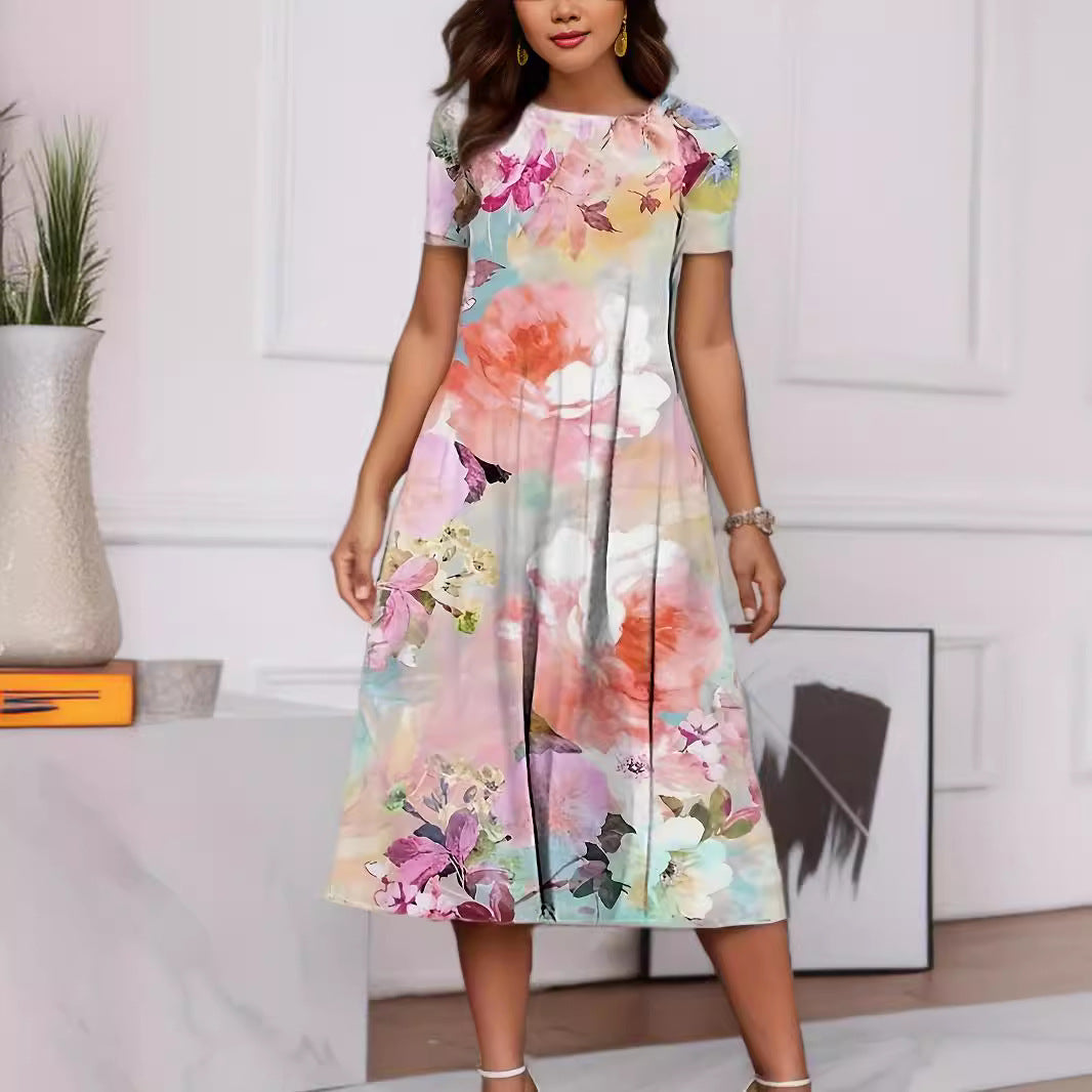 IvyShape | Floral Print Spring Summer Short Sleeve Dress