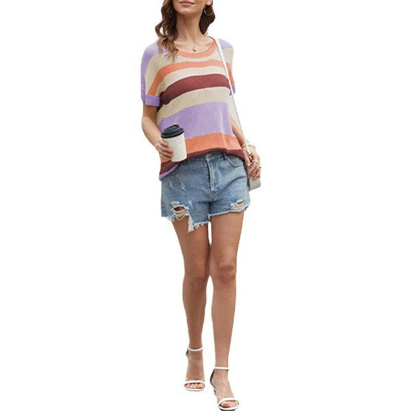 IvyShape | Spliced striped casual knit top