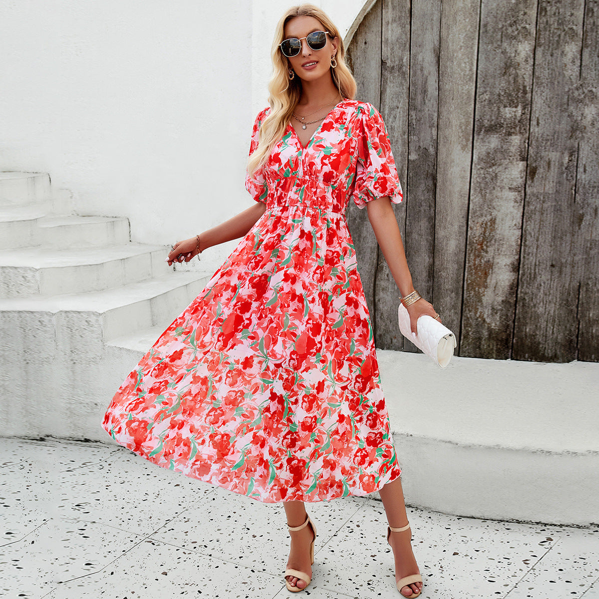 IvyShape | Flower Gathered Waist V-Neck Chiffon Long Dress