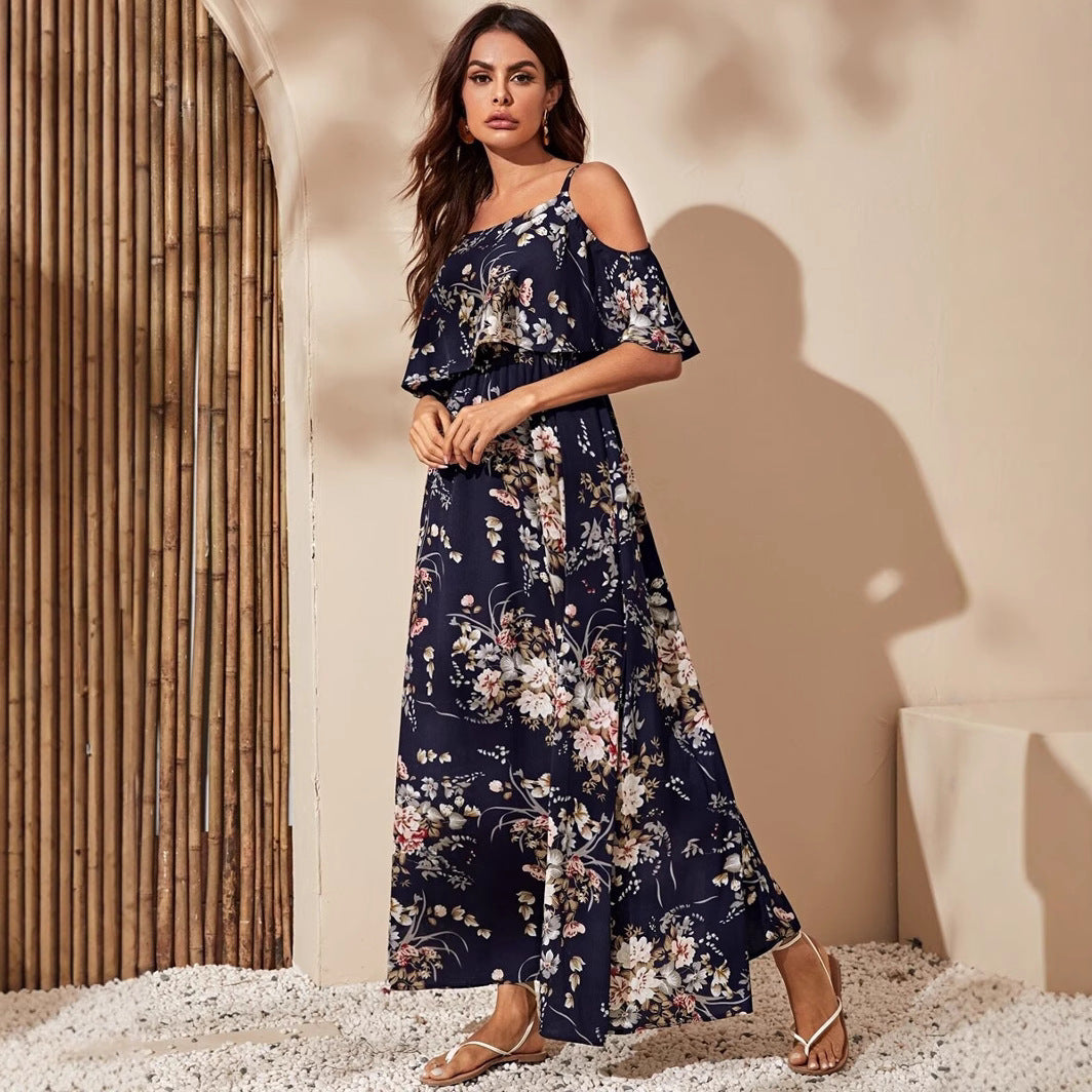 Women's maxi dress with off-shoulder design and floral pattern Ivyshape