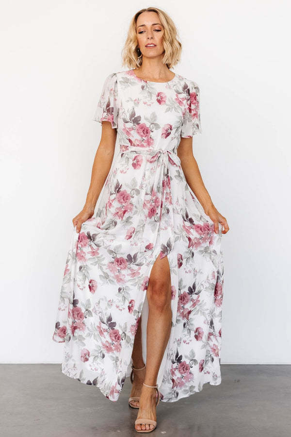 Women's floral maxi dress with deep slit and waistbelt Ivyshape