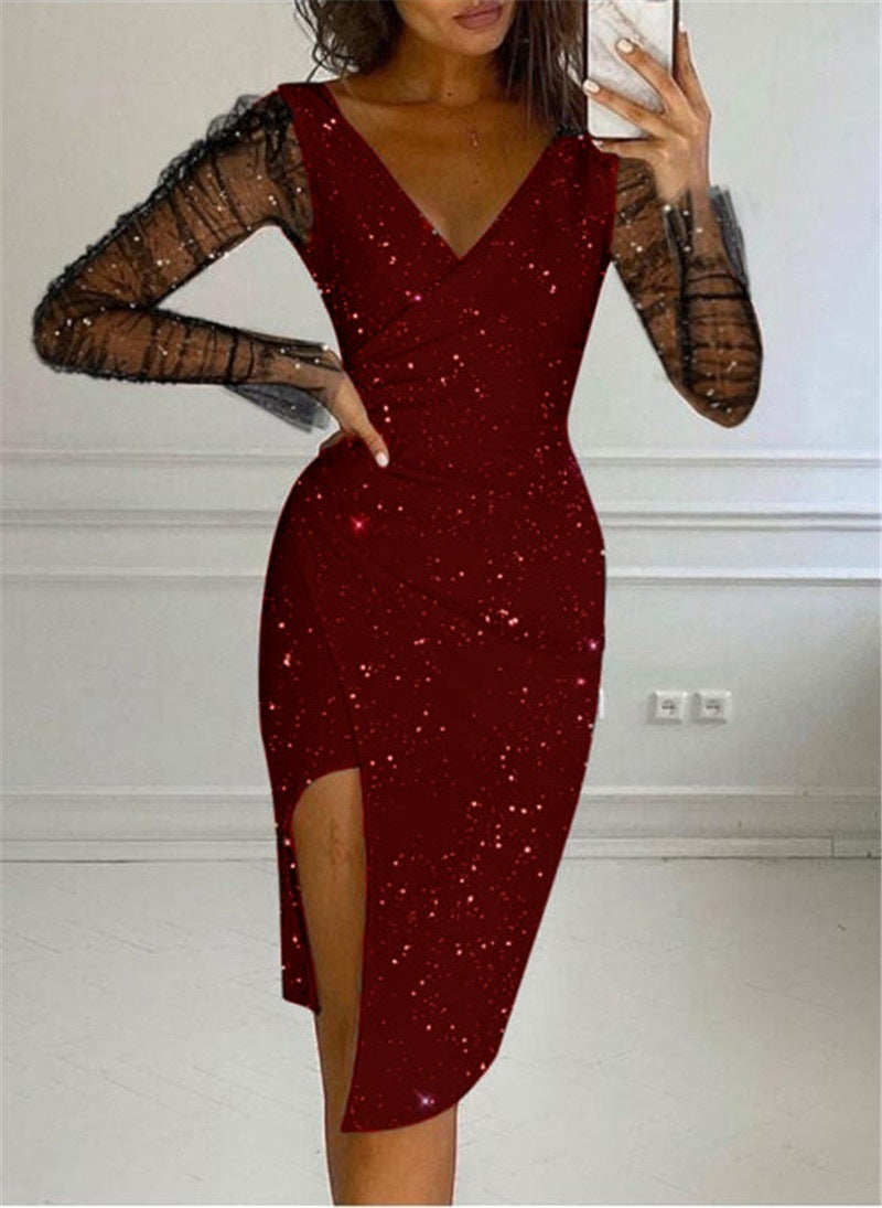 Women Elegant V Neck Bodycon Dress with Sheer Long Sleeves Ivyshape