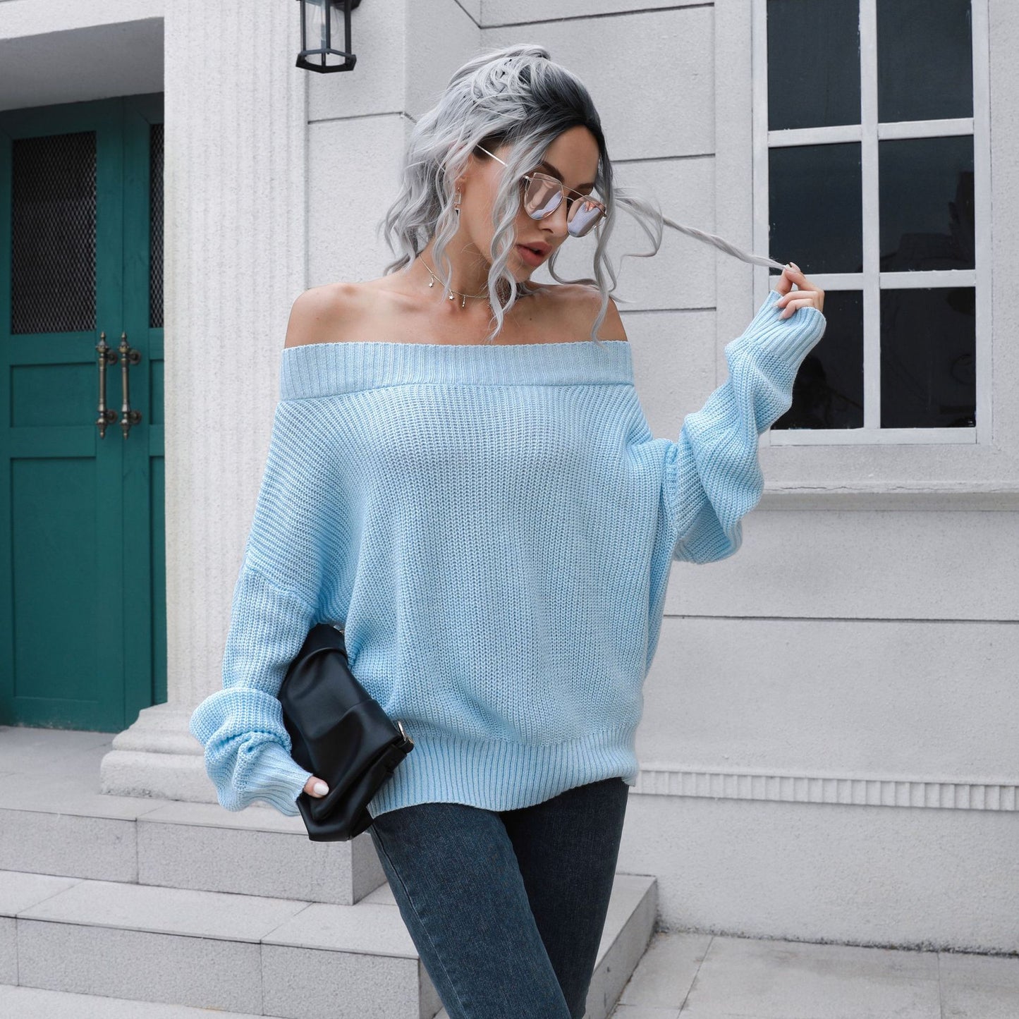 Women's Off-Shoulder Knit Sweater with Casual Cut and Voluminous Sleeves Ivyshape