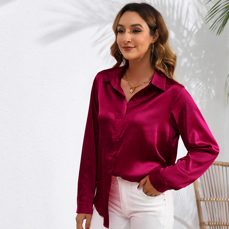 Women Elegant Silk Blouse with Button Front and Tie Ivyshape