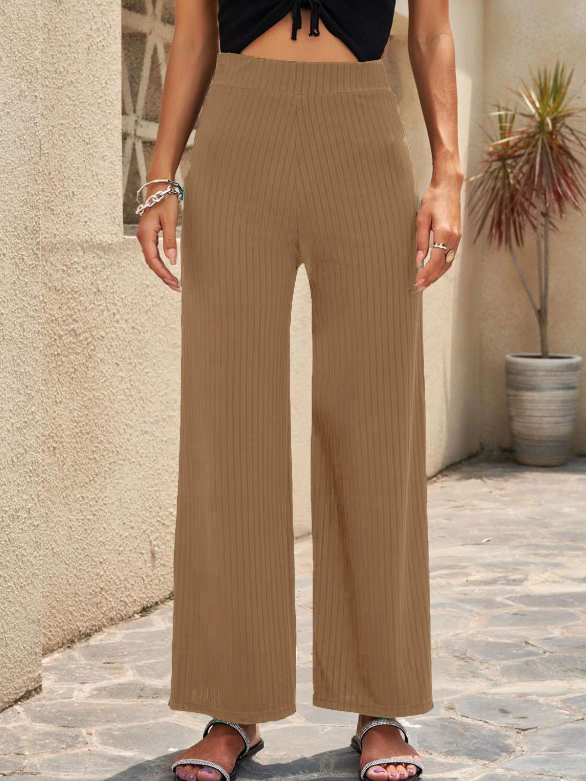 Ladies wide, striped pleated trousers with high waistband and elastic waistband Ivyshape