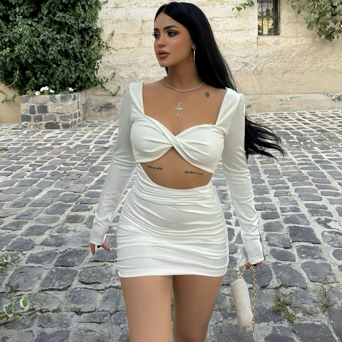 Women Figure-hugging Dress with Transparent Cut-Out and Elaborate Ruffle Details Ivyshape