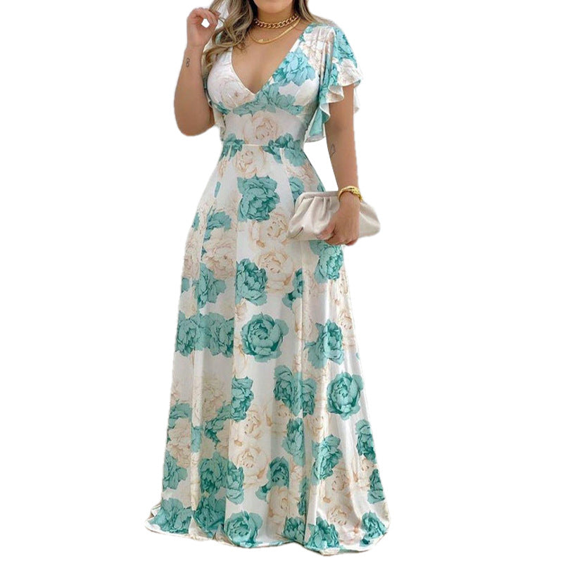 IvyShape | Elegant V-neck Flounced Sleeves Printed Flared Dress