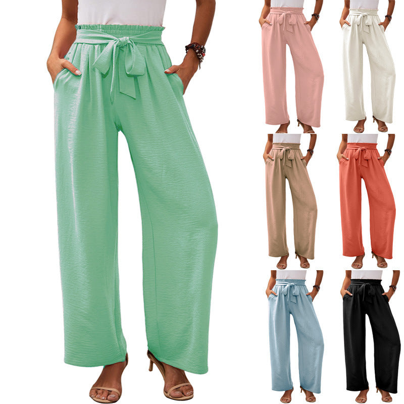 Women's Wide Fabric Trousers with Elastic Waistband and Belt Detail Ivyshape