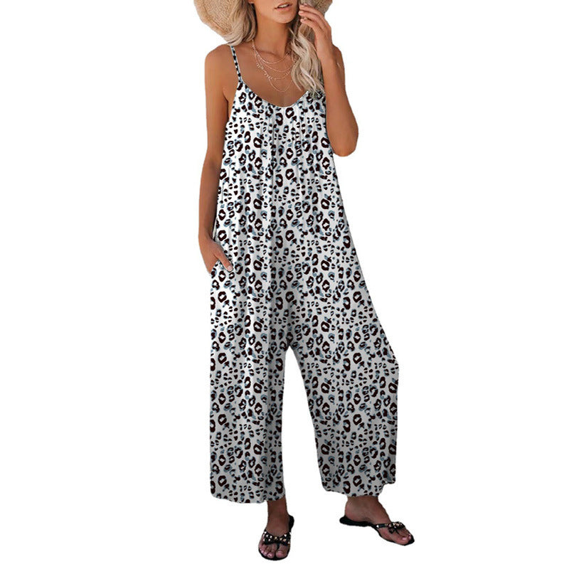 IvyShape | Leopard Print Pocket Loose Strap One-Piece Jumpsuit