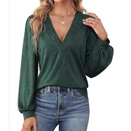 Women Elegant V-Neck Top with Puff Sleeves Ivyshape