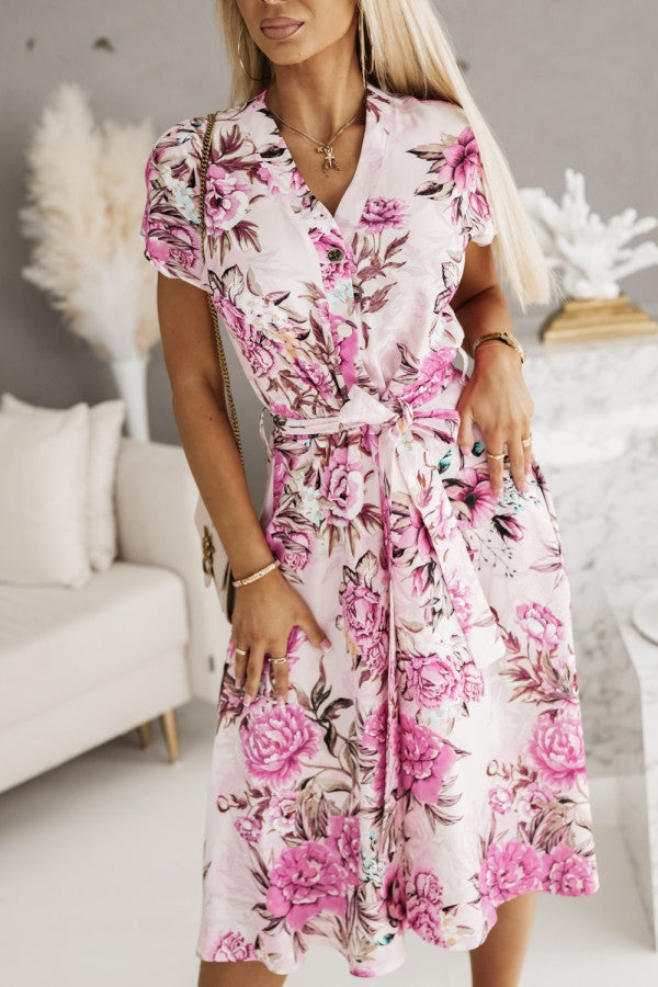 Women Floral Print Button Midi Dress Ivyshape