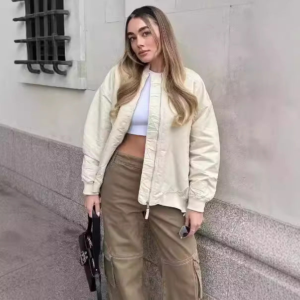 Women's Casual Oversized Bomber Jacket with Practical Side Pockets and Stand Collar Ivyshape