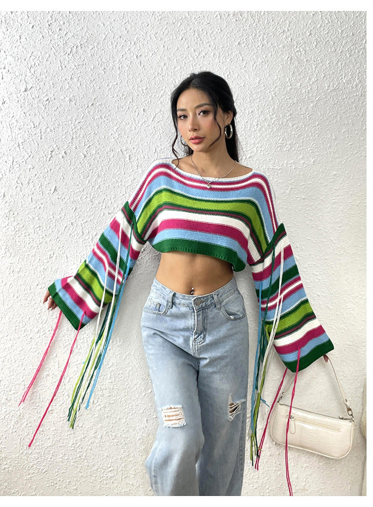 IvyShape | Rainbow striped fringed crop pullover