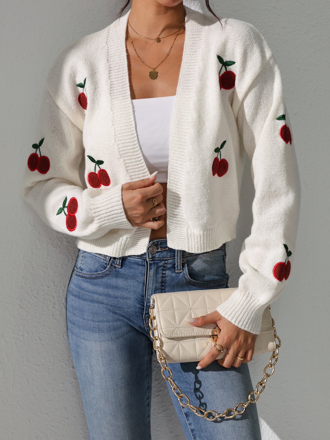 Ladies airy knitted cardigan with sweet cherry embroidery Ivyshape