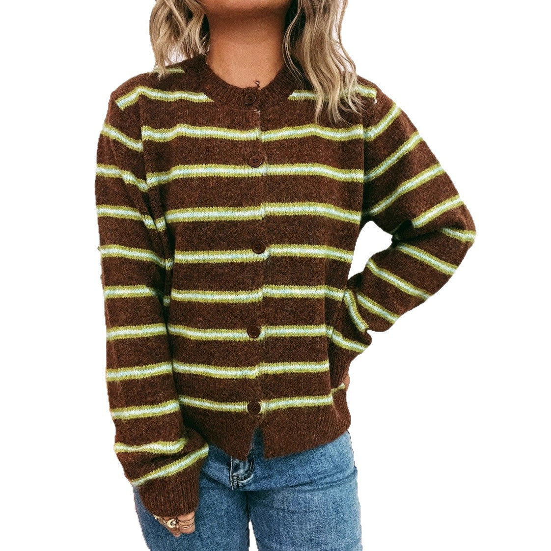 Women's Long-Sleeve Knitted Cardigan with Fashionable Stripe Pattern Ivyshape