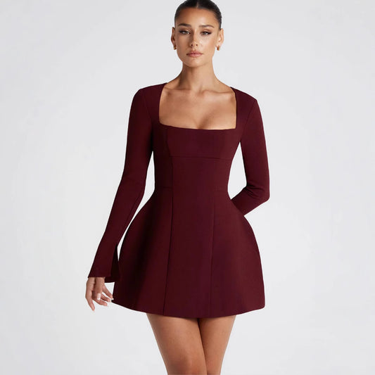 Women Figure-hugging Mini Dress with Elegant Square Neckline and Long Sleeves Ivyshape