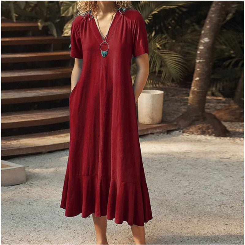 IvyShape | Casual Short Sleeve Cotton-Linen A-Line Long Dress