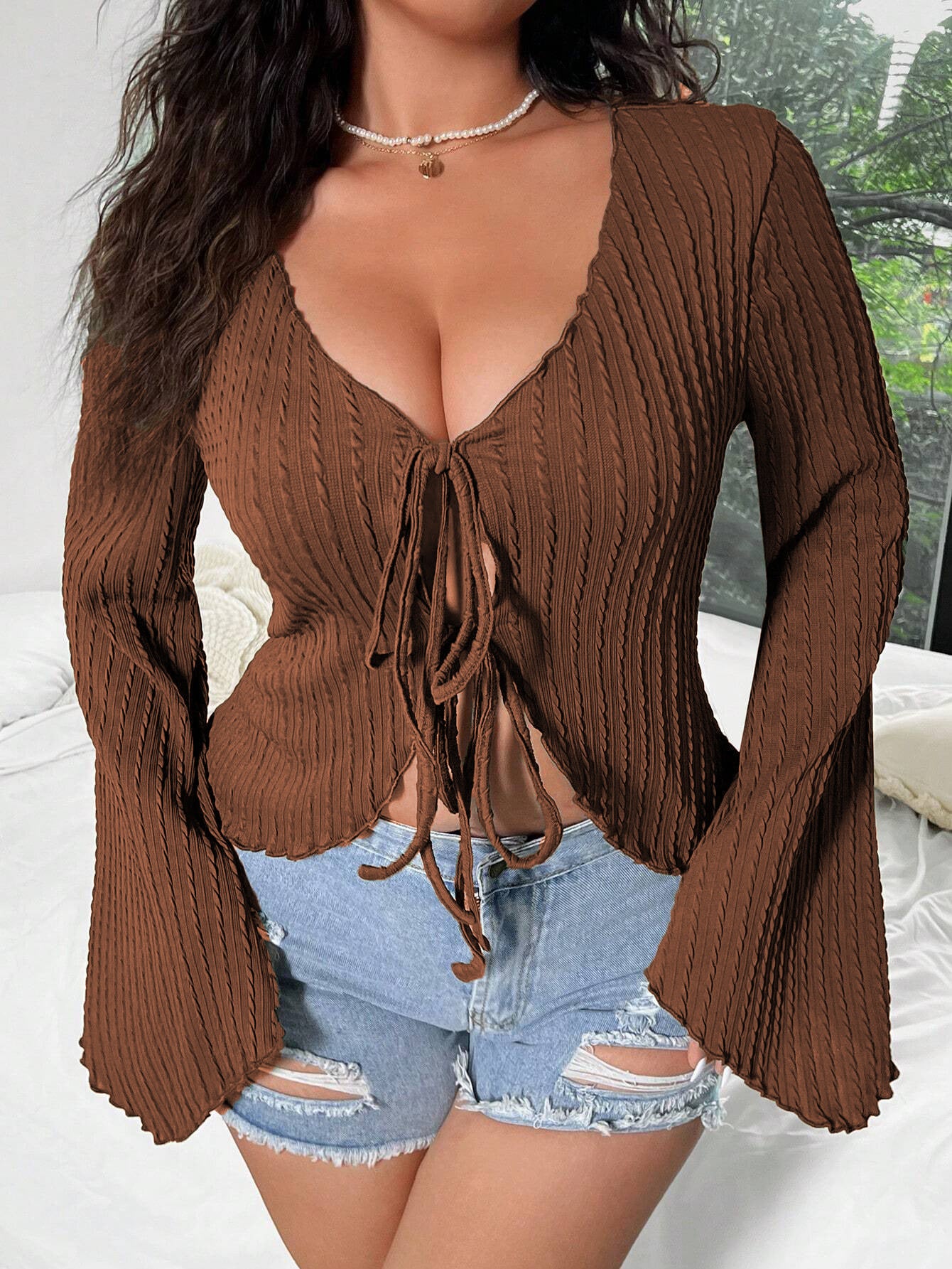 Women casual blouse shirt with deep V-neck and bell sleeves Ivyshape
