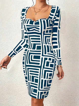 Women's Fitted Long Sleeve Dress with Geometric Pattern and Creative Neckline Ivyshape