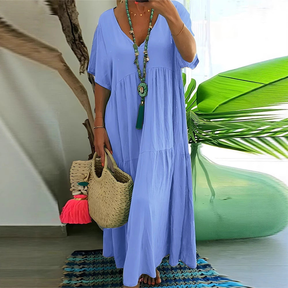 Women's airy boho maxi dress with flouncy hem and deep V-neck Ivyshape