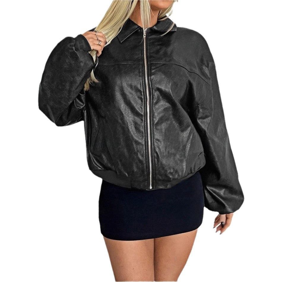 Women Faux Leather Bomber Jacket Ivyshape
