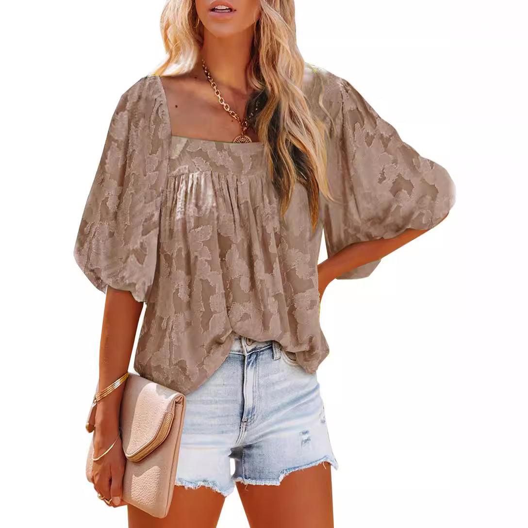 Women's Oversized Blouse Shirt with Balloon Sleeves and Subtle Pattern Ivyshape
