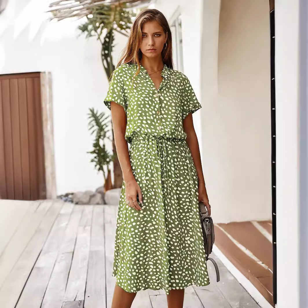 Women Short Sleeve Dress with Modern Dots and Waist Drawstring Ivyshape