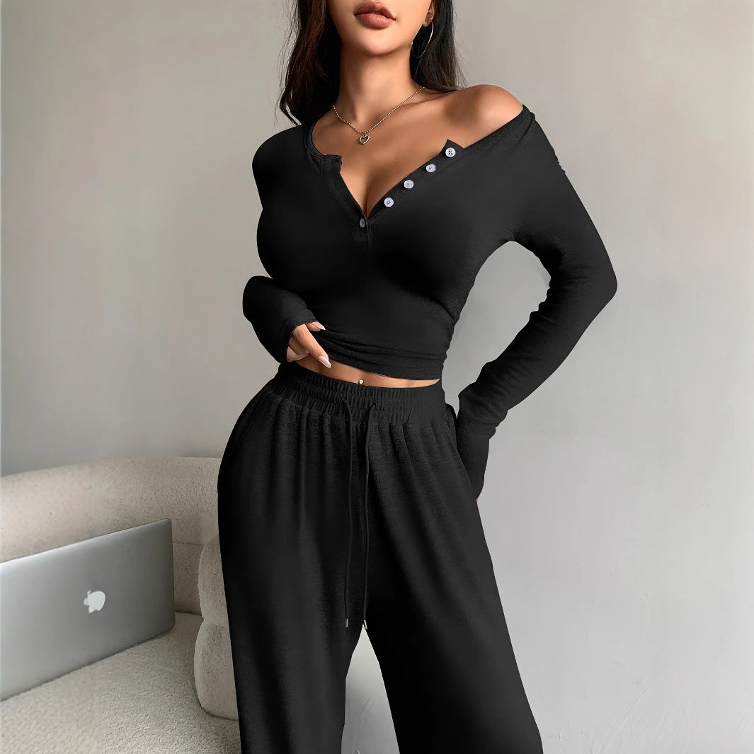 Women's set of casual long-sleeve top and comfortable palazzo pants Ivyshape