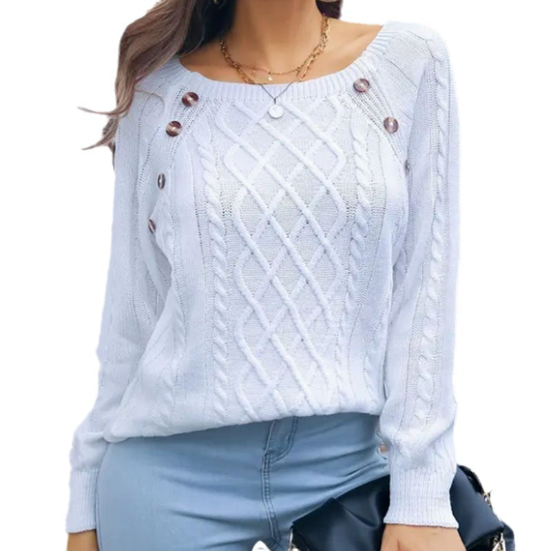 IvyShape | Chic Square Neck Buttoned Cable Knit Pullover