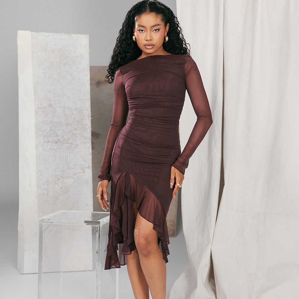 Women elegant wrap dress with transparent long sleeves and asymmetrical hem Ivyshape