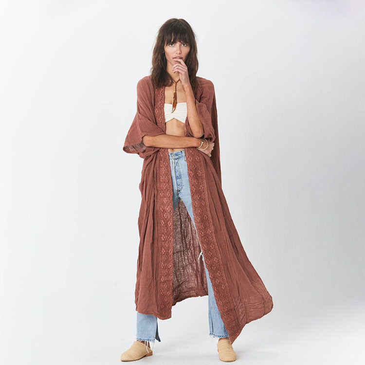 Women's long, airy wrap robe with fine lace appliqués Ivyshape