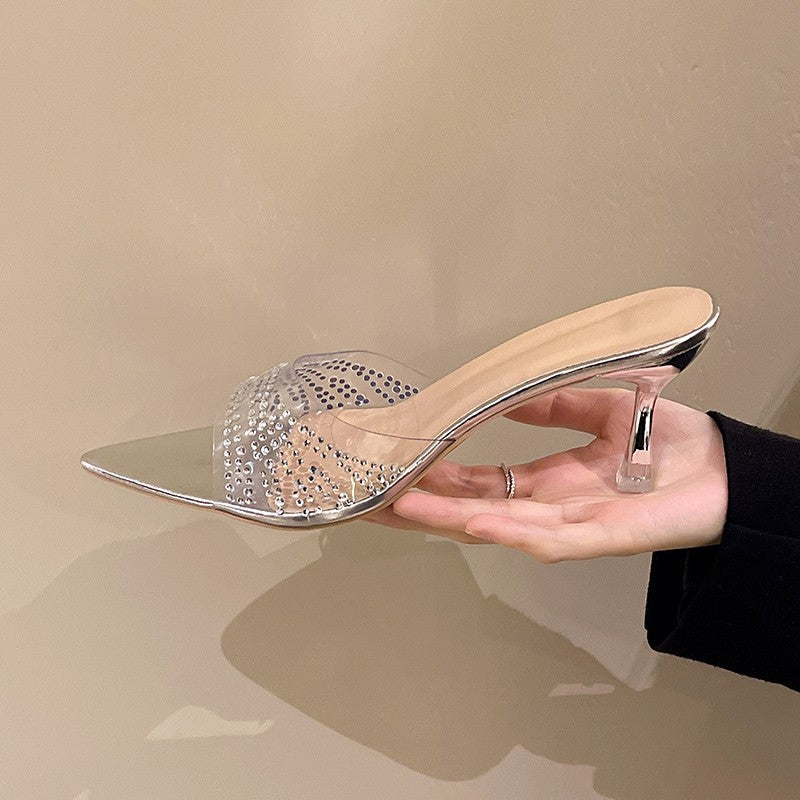 Women Glittering Mules with Transparent Upper Material and Elegant Accents Ivyshape