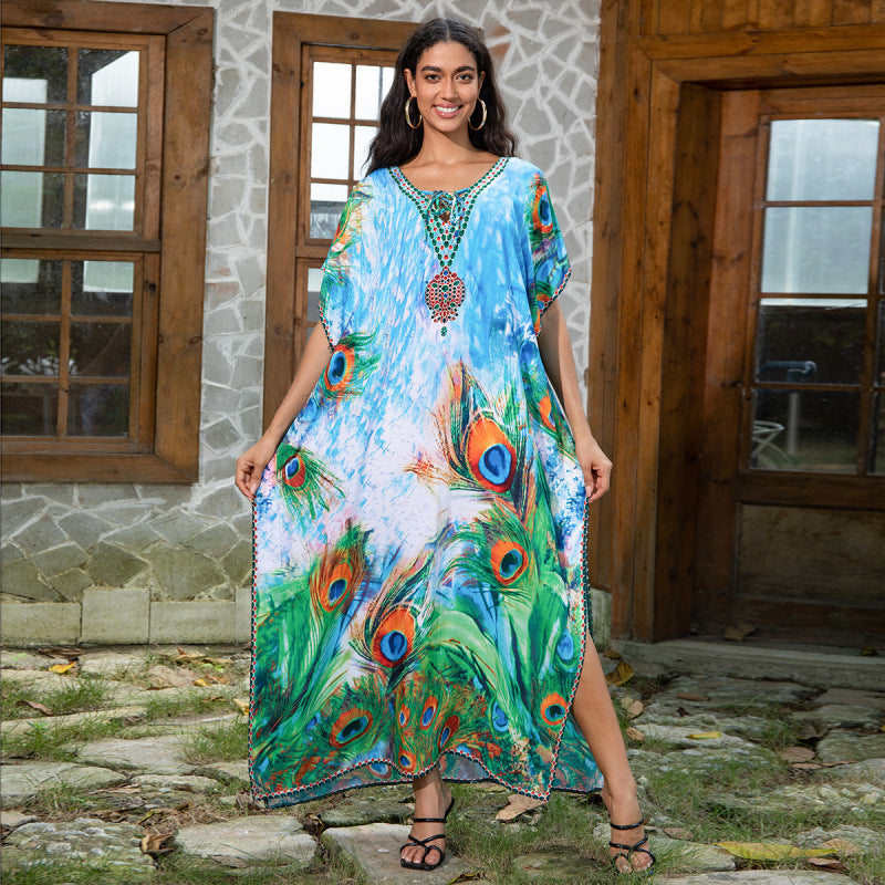 Women's beach kaftan with artistic peacock motif and fine details Ivyshape