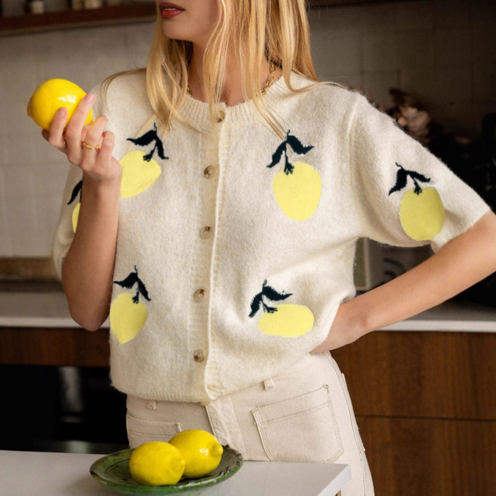 Ladies cardigan with cheerful lemon design and short cut Ivyshape