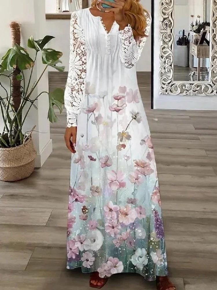 IvyShape | Fashionable European Printed Lace Long Sleeve Dress