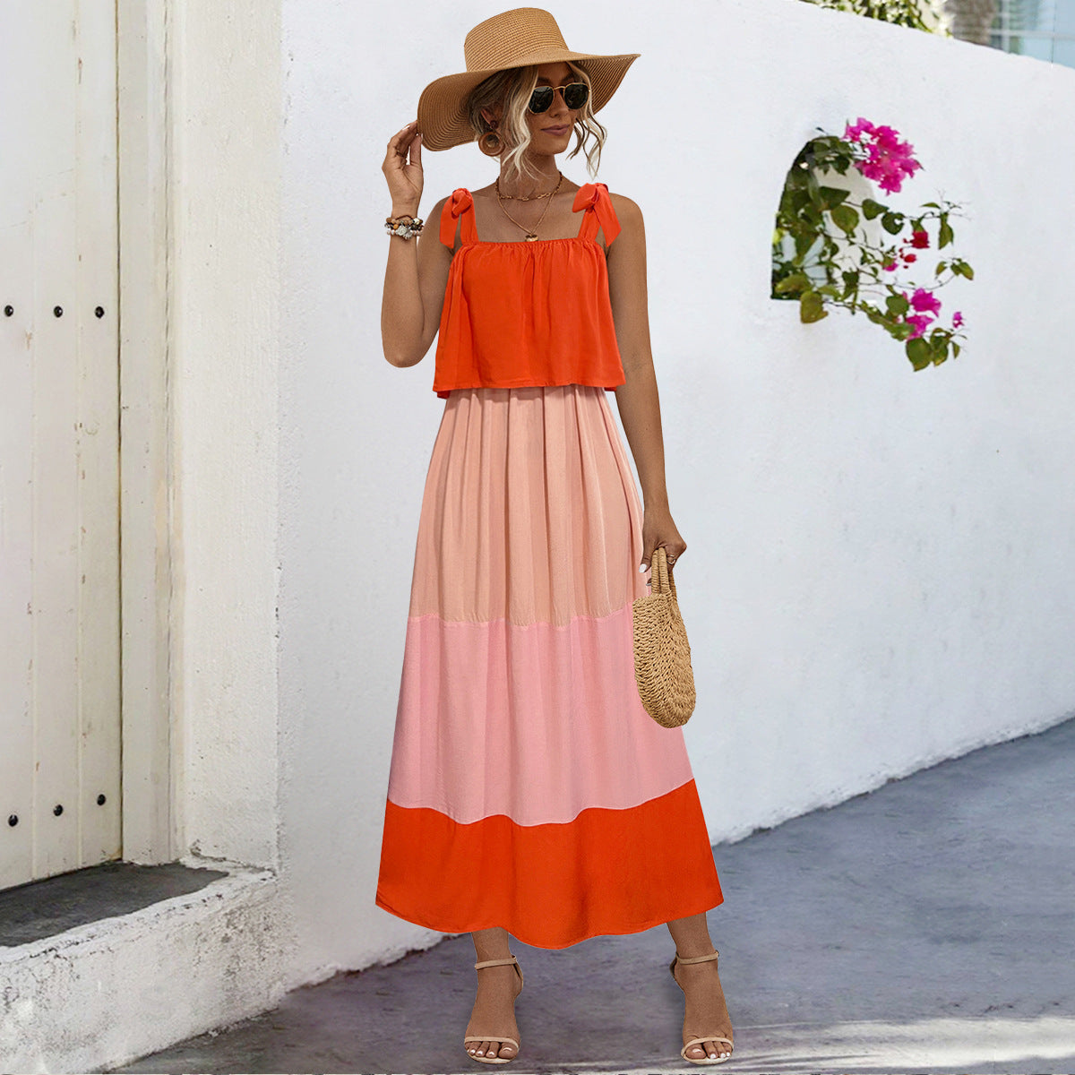 Ladies summer maxi dress with playful bandeau top and flowing skirt Ivyshape