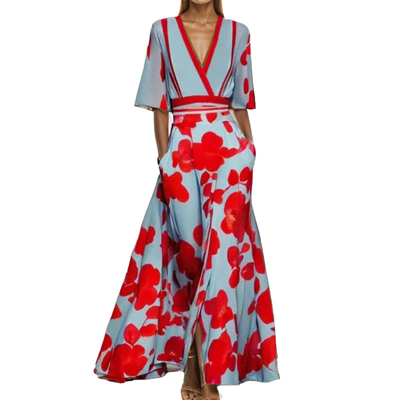 IvyShape | Elegant V-Neck Printed Tie Waist Flared Maxi Dress