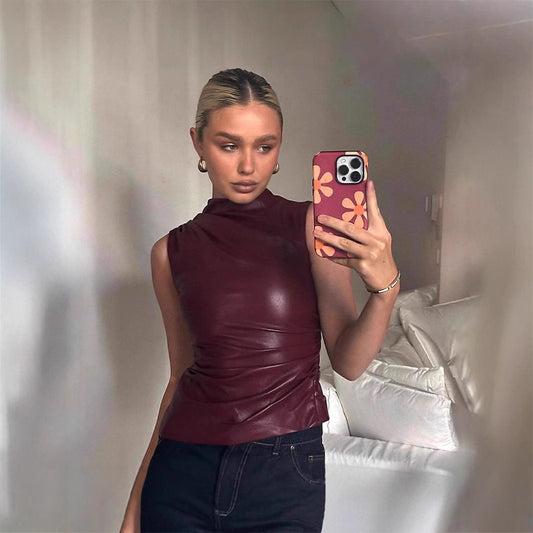 Women Elegant Top made of high-quality faux leather with asymmetric cut Ivyshape